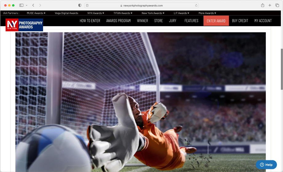 Screenshot of the New York Photography Awards website showing a photo of a goalkeeper for a William Hill project taken by Pete Muller. 