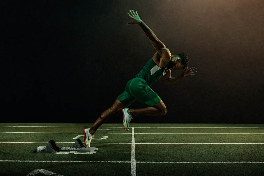 Conceptual photo of an athlete sprinting taken by London-based sports photographer Pete Muller. 