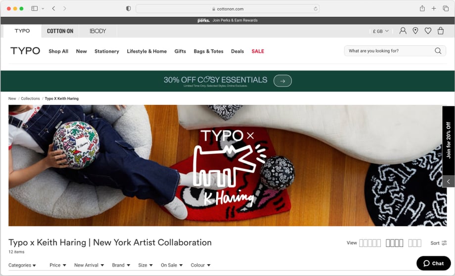 Typo website screenshot featuring an image taken by Peter Tarasiuk of the Keith Haring product collection. 