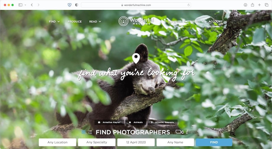 WonderfulMachine.com’s home page with Find Photographers feature in March 2023