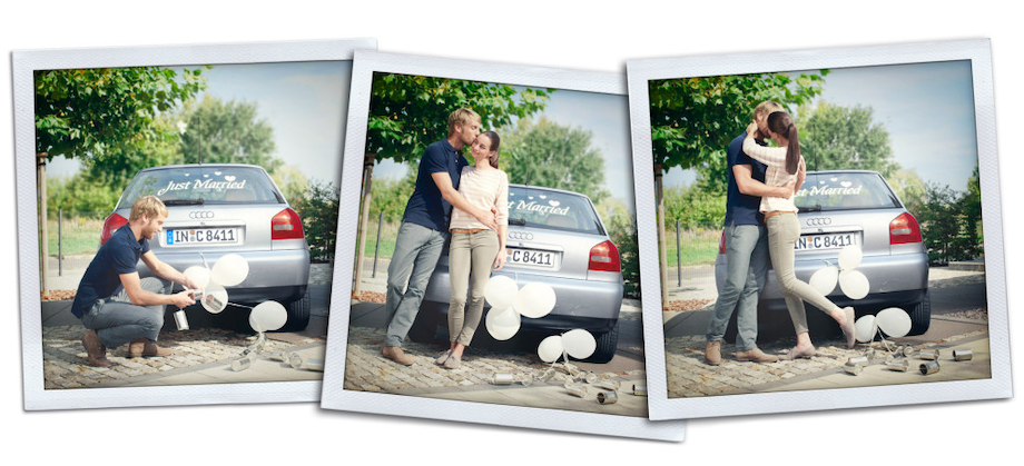 Images of a happy couple in front of their car, with white balloons tied to it and "just married" written out on the back window 