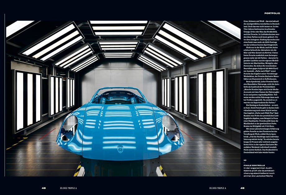 Tearsheet of Mexican Blue Porsche 911 for Triple A magazine shot by Scanderbeg Sauer