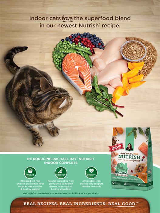 A cat staring at fresh meat, grains, and vegetables in a commercial shot for Tearsheet of Rachel Ray's "Nutrish" cat food 