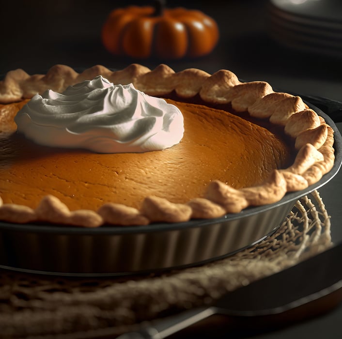 Close up image of a pumpkin pie with whip cream created by food photographer Teri Campbell with AI tool Midjourney.