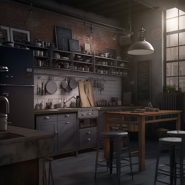 Image of an industrial kitchen created by Cincinnati, Ohio photographer Teri Campbell using AI tool Midjourney.
