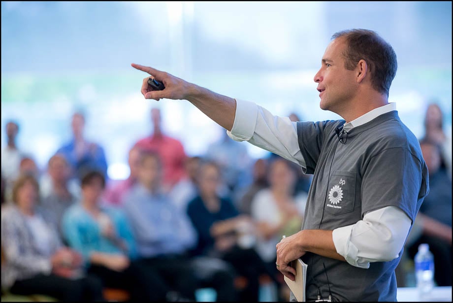 Photo of a BP speaker at a seminar taken by Houston-based corporate photographer Rocky Kneten. 
