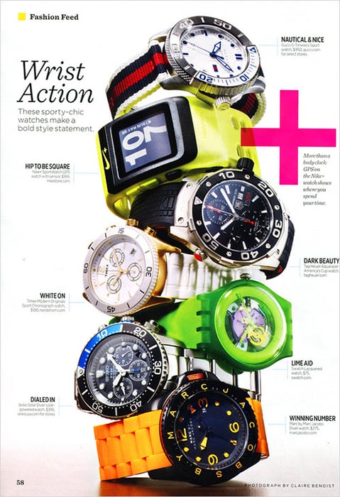 Photo of a pile of watches in Women's Health Magazine by New York-based fashion and still life photographer Claire Benoist.