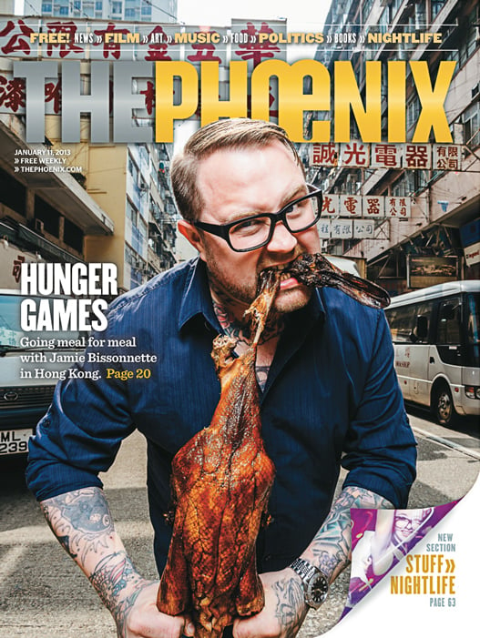 Photo of Jamie Bissonnette eating a duck in The Phoenix Magazine by New York-based celebrity photographer Chris Sorensen.