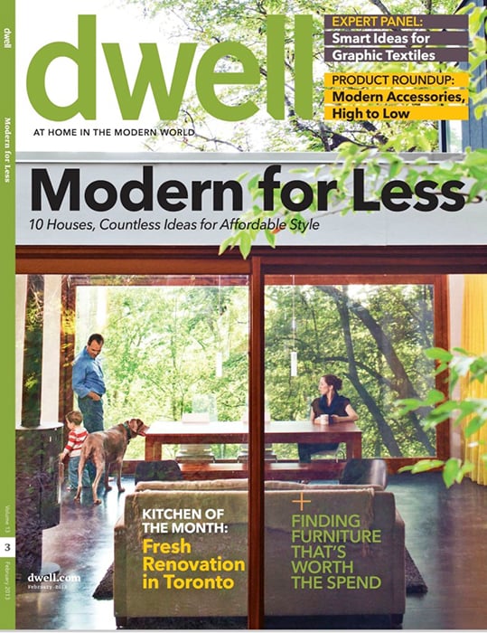Photo of a family and their dog inside a house for the cover of Dwell Magazine by photographer Narayan Mahon.