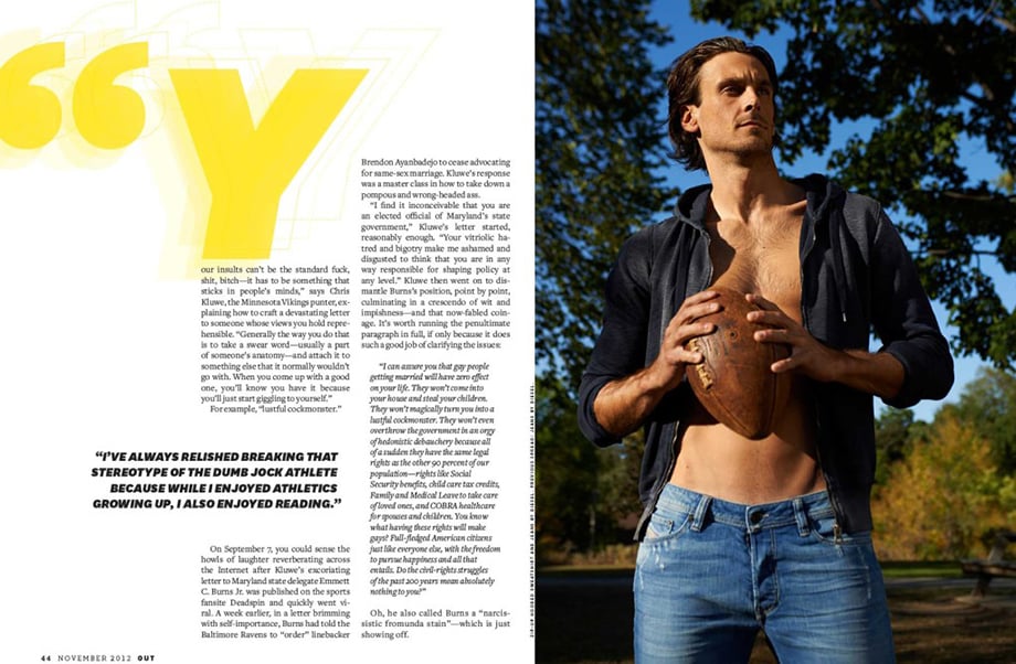 Photo of Chris Kluwe with a football in Out Magazine by Minneapolis-based portraiture photographer David Bowman