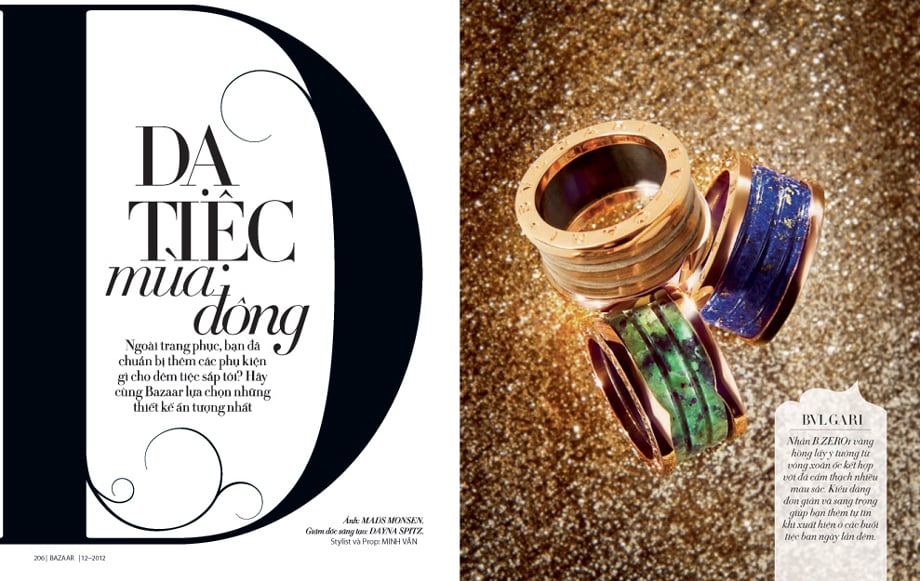 Harper's Bazaar Vietnam tearsheet featuring a photo of rings by Vietnam-based still life-photographer Mads Monsen.