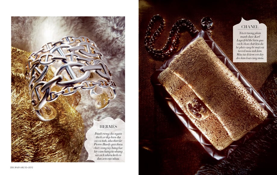 Harper's Bazaar Vietnam tearsheet featuring a photos of Hermes and Chanel fashion accessories by Vietnam-based still life-photographer Mads Monsen.