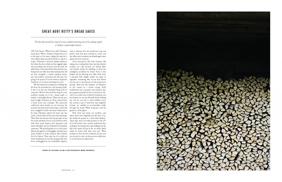 Kinfolk Magazine tearsheet featuring a photo of a wooden log pile by New York-based food and drink photographer Mark Weinberg. 