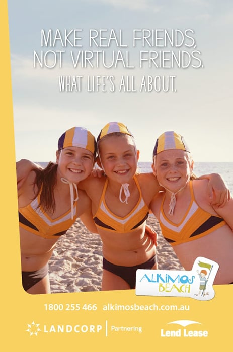 Lend Lease tearsheet featuring a photo of three young girls at Alkimos Beach by Tungsten. 