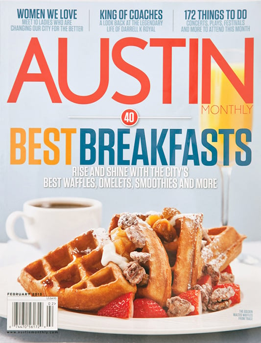 Photo of waffles breakfast for the Austin Monthly cover by Austin-based food/drink photographer Kimberly Davis.