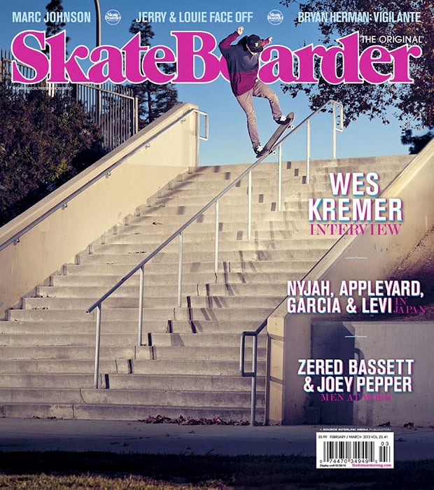 Image of a skateboarder on the cover of SkateBoarder magazine by Los Angeles and New York-based fitness photographer Aaron Smith. 