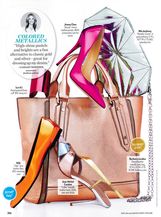 Photo of colored metallics fashion accessories including shoes and bags in People Style Watch by New York-based still life photographer David Lewis Taylor