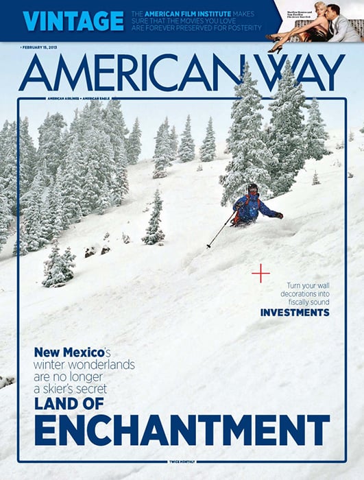 Photo of a skier on the winter slopes of New Mexico on the American Way cover taken by Phoenix-based adventure/outdoor photographer Will McPherson. 