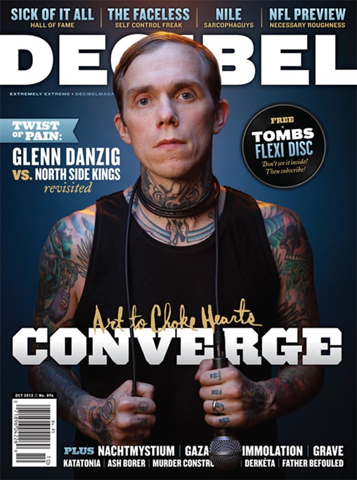 cover photo of Decibel Magazine of an inked man taken by Philadelphia-based celebrity photographer Gene Smirnov.