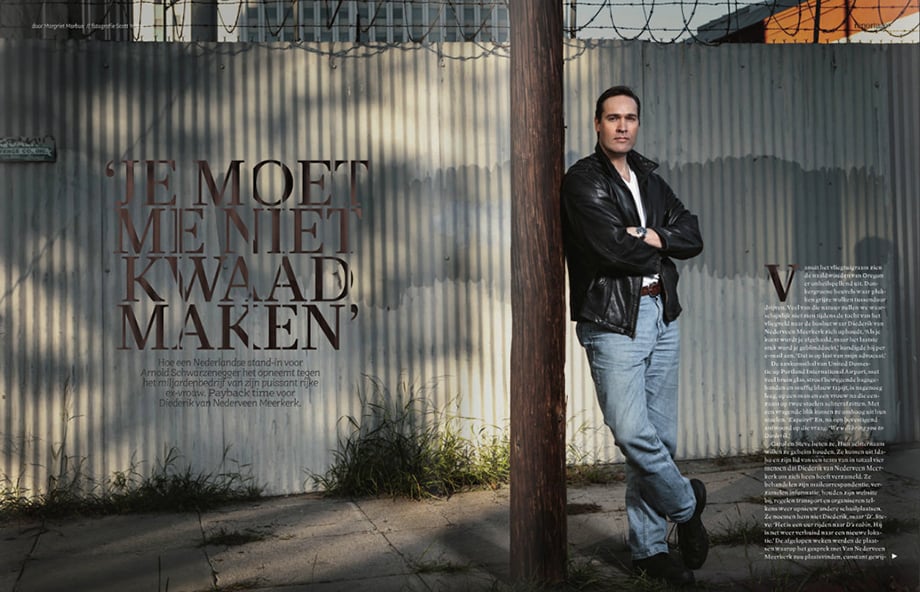 Photo of a man in a leather jacket leaning against a light pole for Esquire Netherlands taken by Los Angeles-based celebrity photographer Scott Witter.