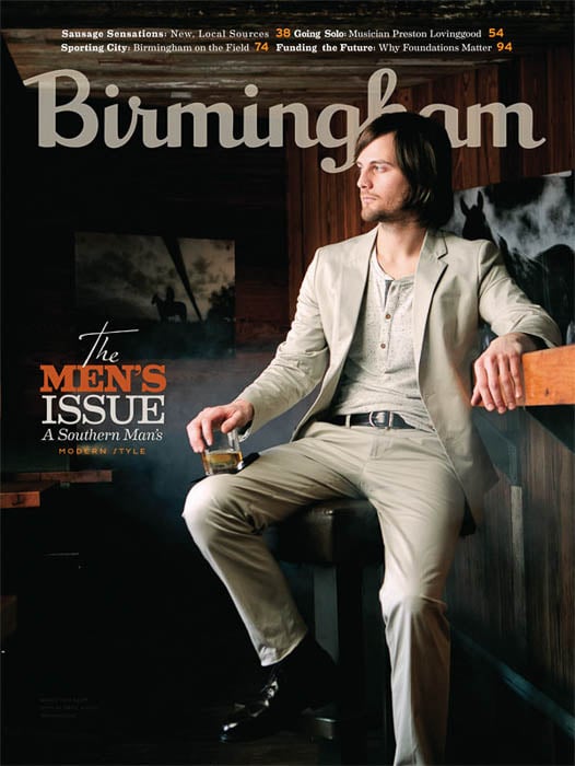 Birmingham Magazine cover featuring a man in a beige suit taken by Birmingham-based food and drink photographer Stephen DeVries.