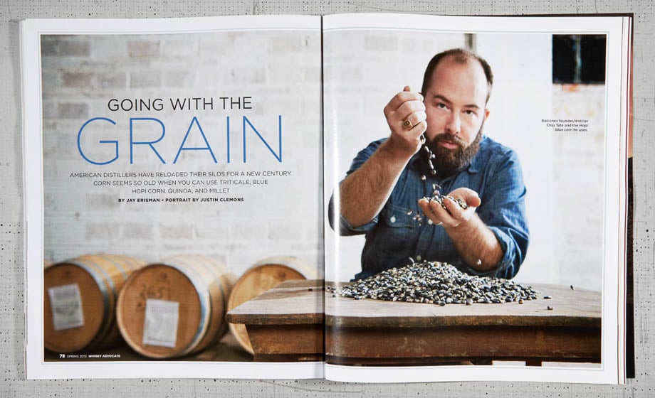 Whisky Advocate magazine tearsheet featuring a photo of Chip Tate taken by Dallas-based portraiture photographer Justin Clemons. 