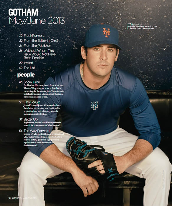 Photo of baseball pitcher Matt Harvey in Gotham Magazine taken by Nashville-based sports and lifestyle photographer Jason Myers. 