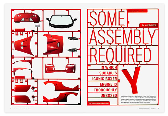 Photos of red Subaru car parts for Road and Track taken by New York-based conceptual photographer David Arky.
