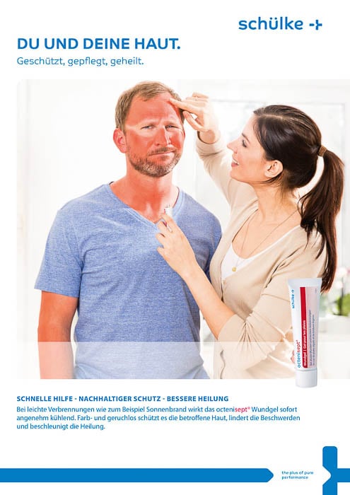 Photo of a wife applying Octenisept on her husband's sunburns taken by Germany-based corporate and healthcare photographer Alex Mainz