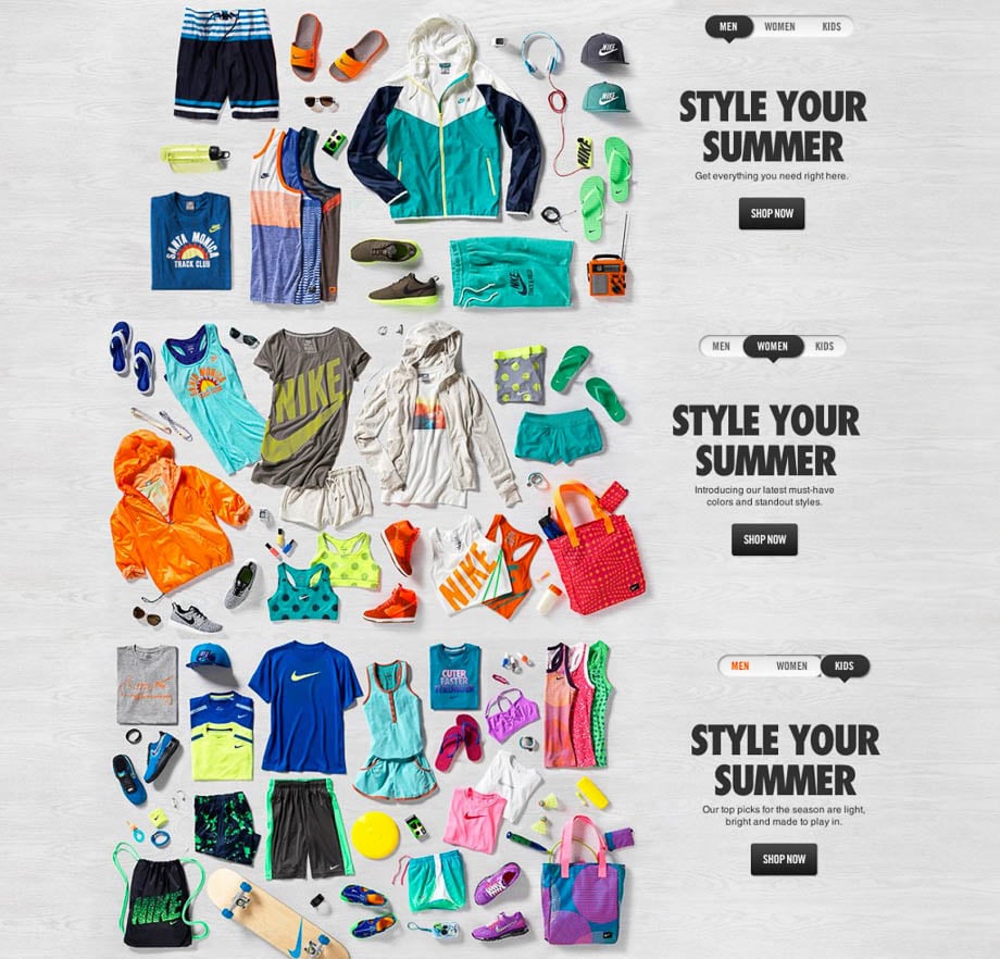 Aerial view of Nike's summer apparel and accessories by Portland-based still life and product photographer Jim Golden.
