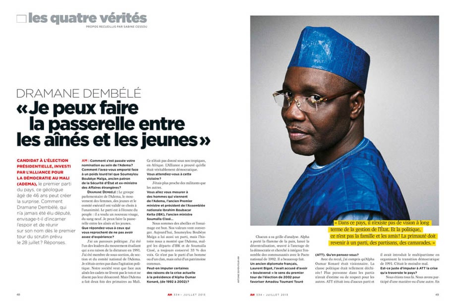 Photo of Dramane Dembele, presidential candidate in Mali, for Afrique Magazine, July 2013, taken by France-based portraiture and social documentary photographer Antoine Doyen. 