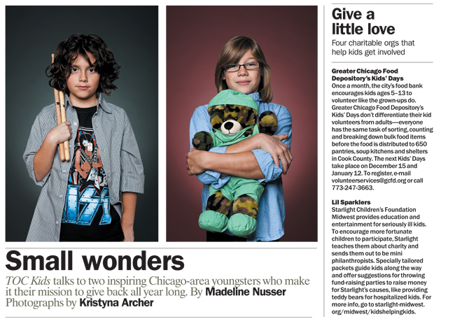 Tearsheet showing two separate images of children, shot by Chicago-based portrait photographer Kristyna Archer for TimeOut Chicago Kids