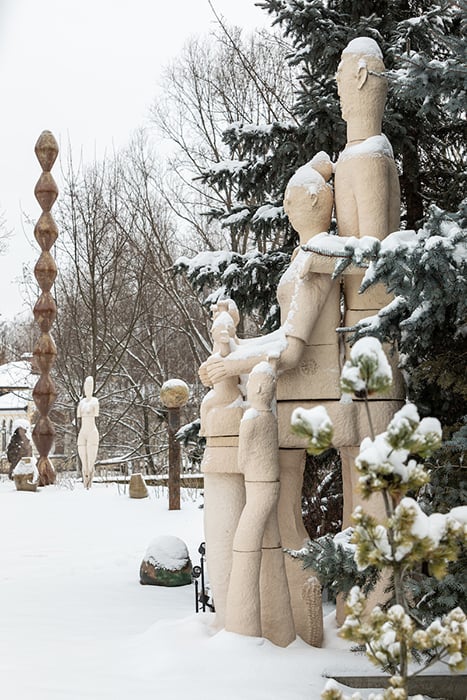 Exterior image of the garden sculptures covered with fresh snow