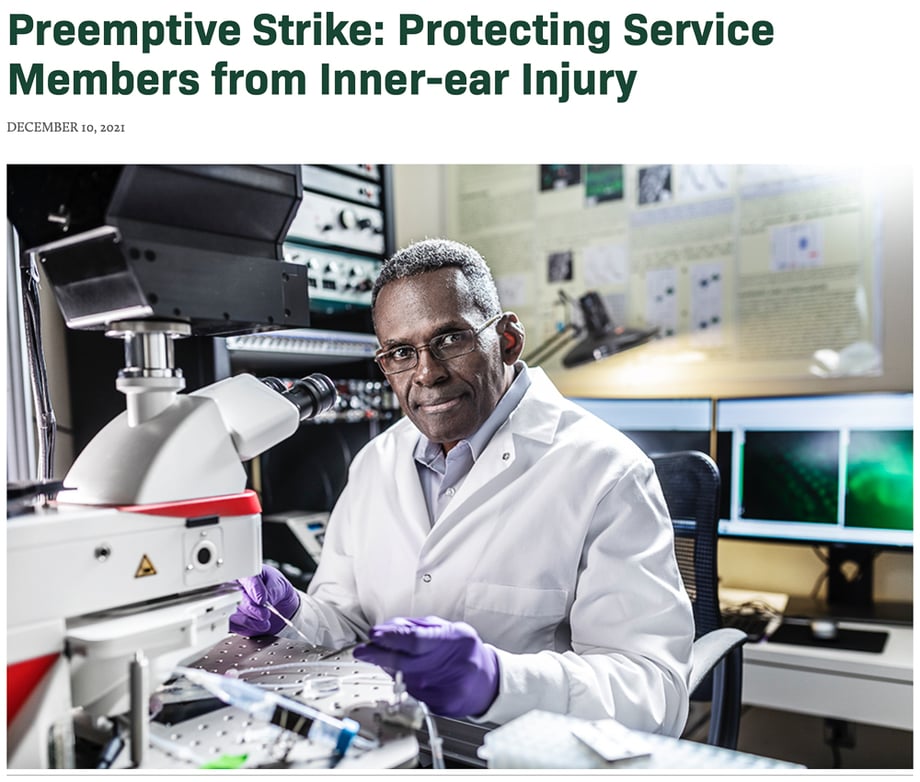 Photo of Baylor University's Dwayne Simmons by Tadd Myers for an article about protecting service members from inner-ear injury.