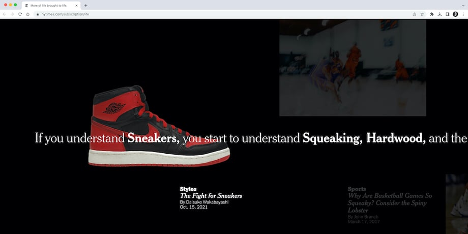 A screenshot of the NYT campaign website showing one of the sneaker images obtained through the stock request. The red and black sneaker is on a black background with white words overlaying the image. There is also a link to an article about sneakers below the image.