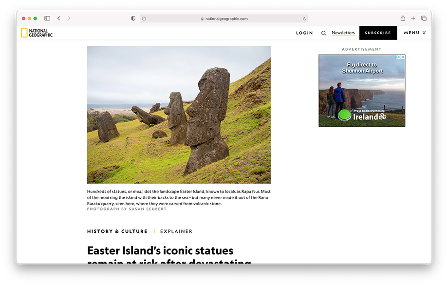 Tearsheet from National Geographic website of moai statues on Easter Island.