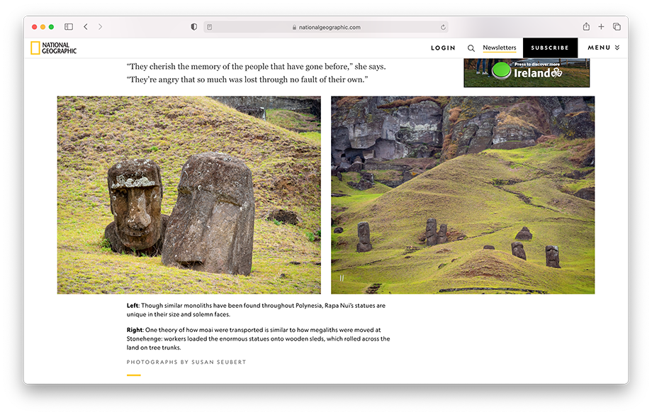 Tearsheet from National Geographic website of moai statues on Easter Island taken by Susan Seubert.