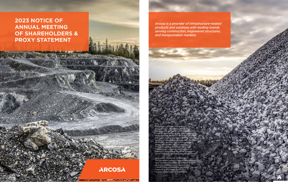 Two pages from inside the 2022 Arcosa annual report featuring Texada Island's limestone quarry photos taken by Tadd Myers. 