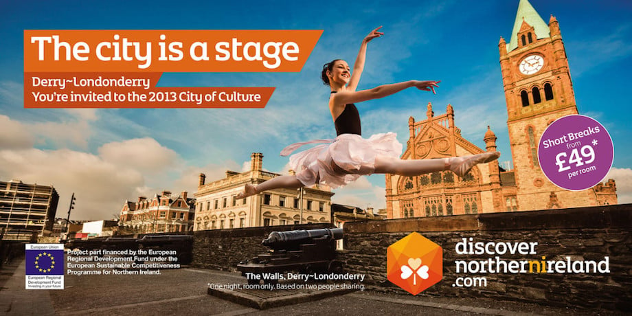 Tearsheet of a ballerina leaping near a tourist attraction in Derry, Northern Ireland.