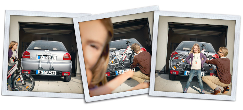 Three polaroids showing a dad putting his daughter's bike on the back of an Audi
