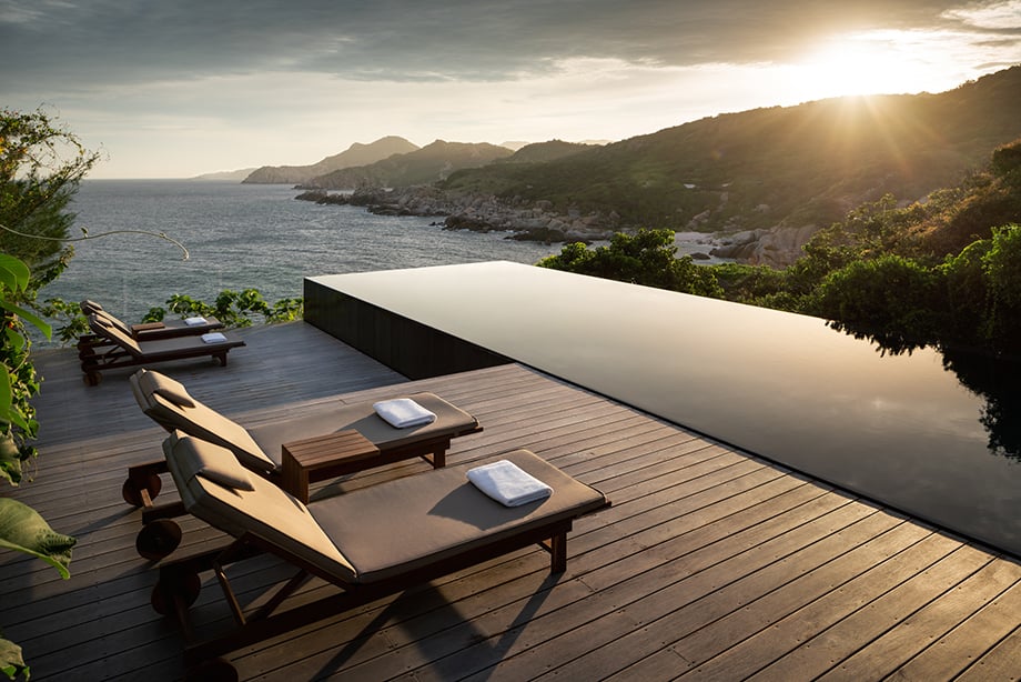 Infinity pool overlooking Vietnam's coastline.