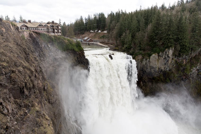 The Great Northern Hotel overlooking Snoqualmie Falls shot by Brooke Fitts