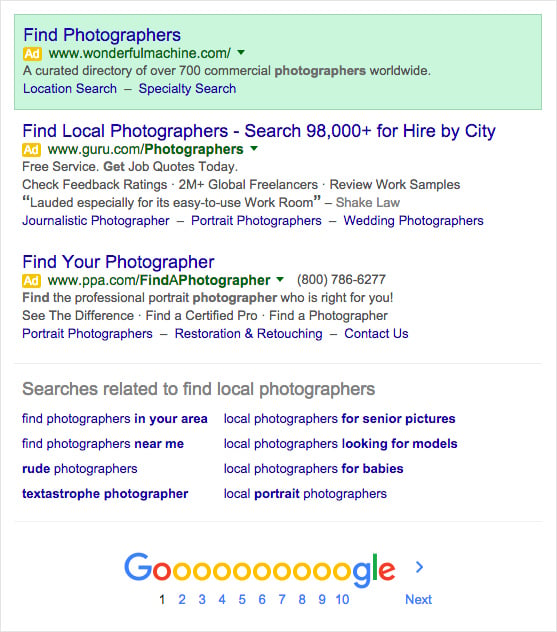 Screenshot of Wonderful Machine Google Search ads targeting photographer specialty and location search options. 