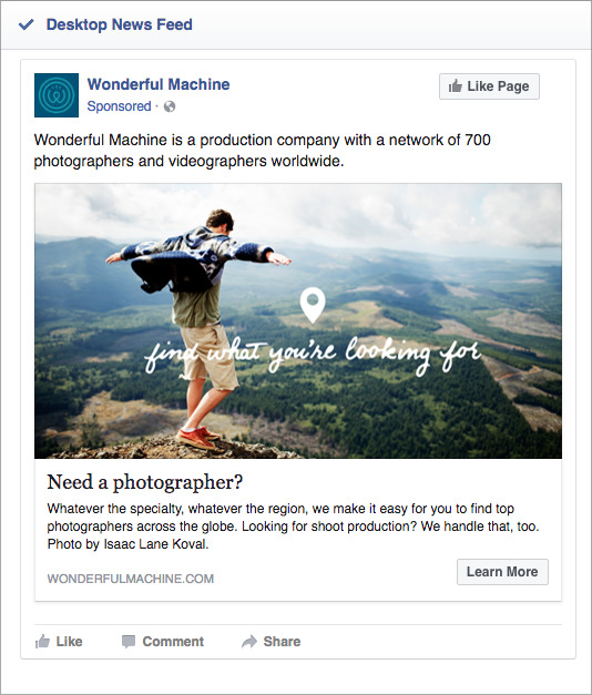 Screenshot of a Wonderful Machine Facebook ad featuring a photo by Portugal-based outdoor and adventure photographer Isaac Lane Koval