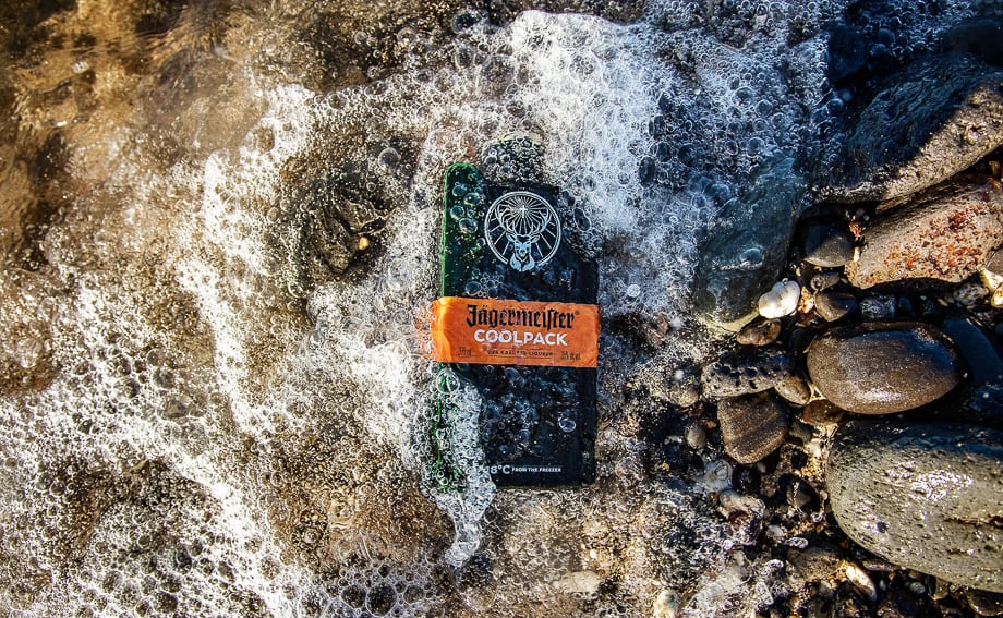Photo of a Jagermeister Coolpack washing up on shore taken by Will Strawser. 