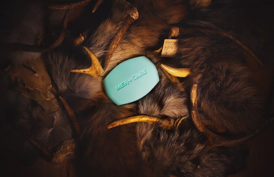 Photo of Dove Men+Care soap bar resting on antlers and fur coats taken by New York-based product photographer Will Strawser. 
