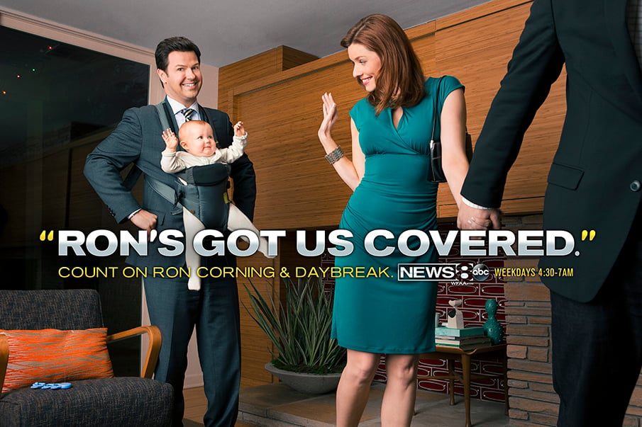 Promo photo of Ron Corning for WFAA Channel 8 babysitting taken by Dallas-based brand narrative photographer Adam Fish.