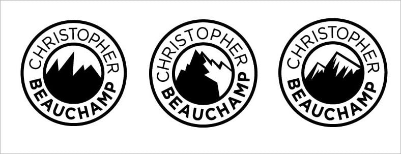 three logos showing a variety of  mountain emblems surrounded by the photographer's name 