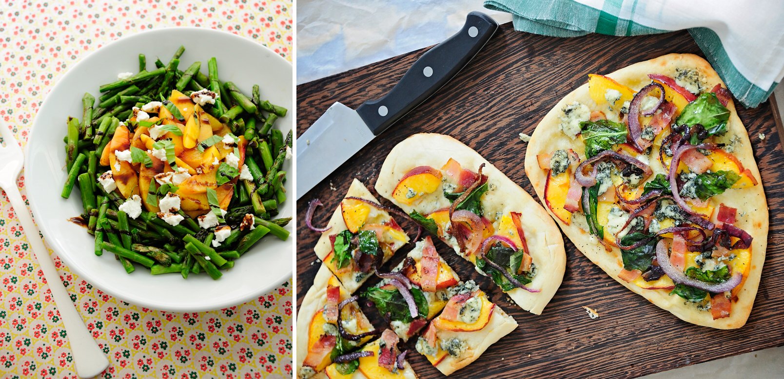 Two side by side photos by Stephanie Mullins of a salad and artisan pizza.