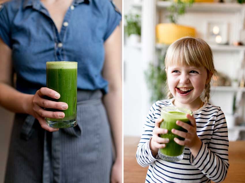 A diptych of photos by Brooke Fitts for Juicebox. On the left is a photo of a glass of green juice, held by a woman. Her head and knees are out of frame.